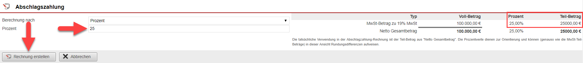 Screenshot Maske zur Einstellung des Prozentwerts einer Abschlagszahlung mit verschiedenen Markierungen