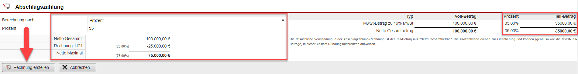 Screenshot Maske zur Einstellung des Prozentwerts einer Abschlagszahlung mit verschiedenen Markierungen