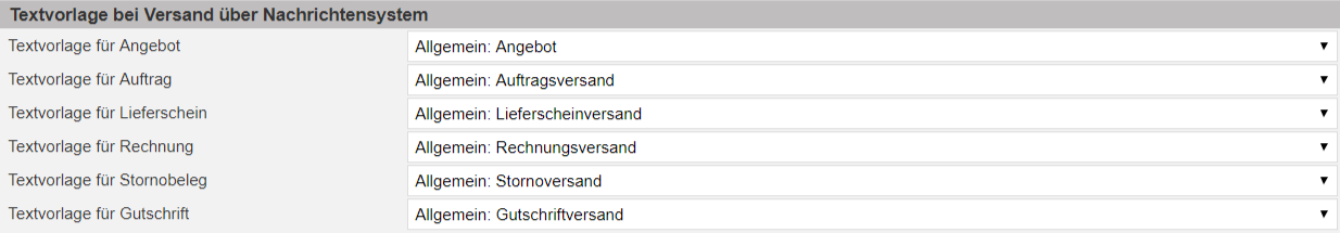 Screenshot Einstellungsbereich für Standardtextvorlagen beim Versand von Belegen über das Nachrichtensystem