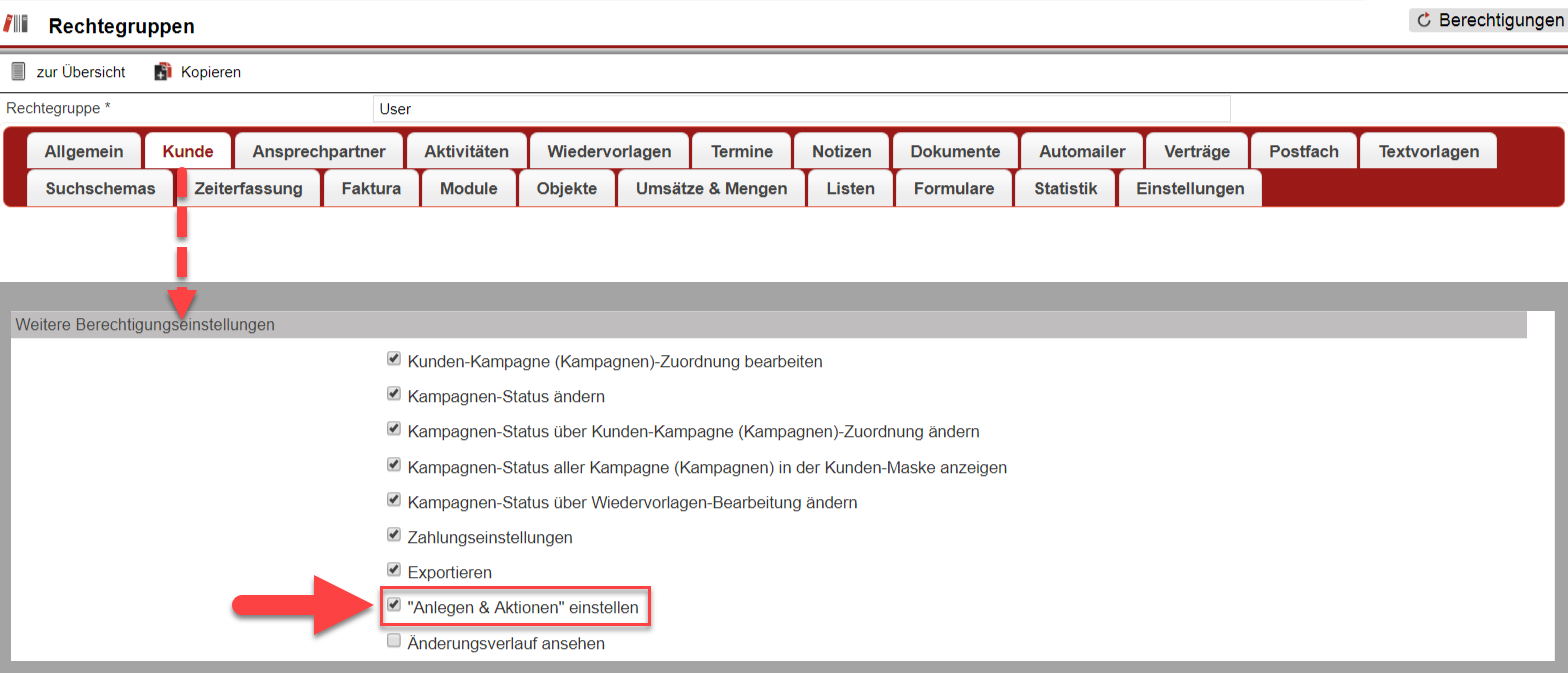 Einstellungsbereich "Rechtegruppen" mit Markierung der Option zum Aktivieren der Funktion die "Anlegen & Aktionen"-Leiste konfigurieren zu können