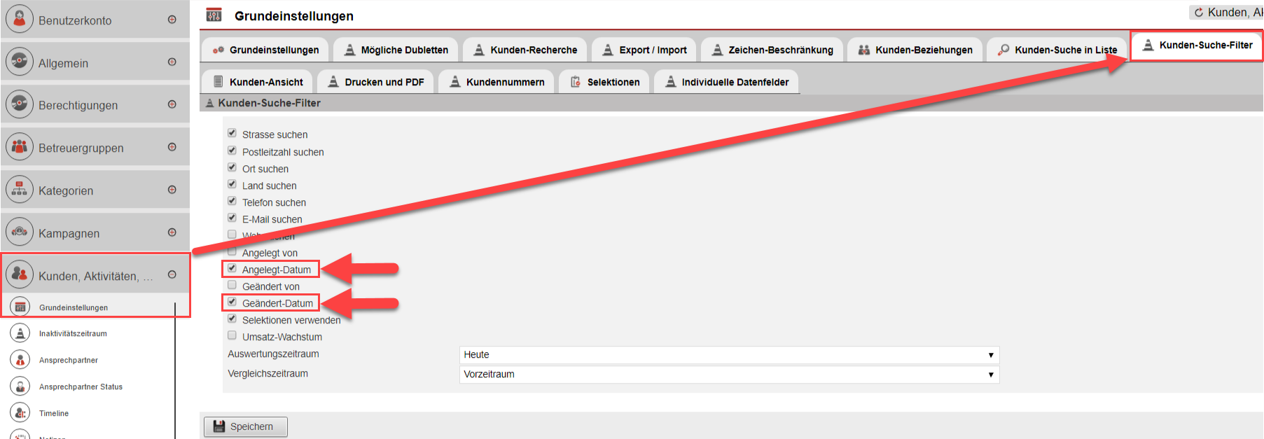 Screenshot Einstellungsbereich mit verschiedenen Markierungen, unter anderem die Optionen zur Aktivierung für die Anzeige der Filtermöglichkeiten nach Anlage- und Änderungsdatum.