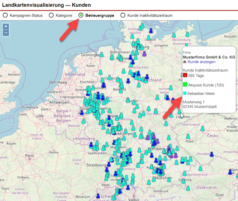 Screenshot der Landkartenvisiualisierung mit den eingesetzten Farbkennzeichnungen der unterschiedlichen Betreuergruppen