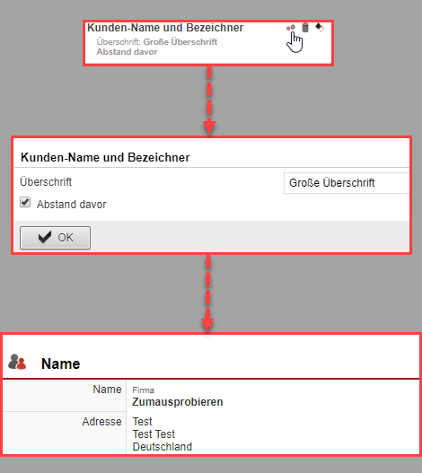 Screenshot-Collage des Vorgangs zum Generieren von Überschriften innerhalb der Elemente eines Reiters