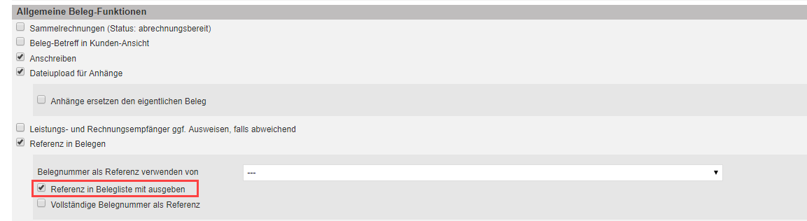 Screenshot Belege Einstellungen