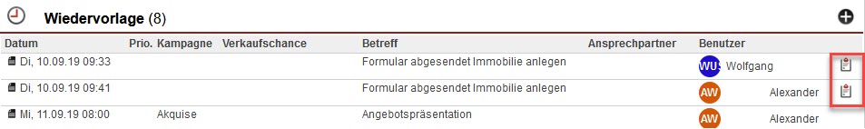 Screenshot einer Wiedervoragenübersicht mit markierten Zugehörigkeits-Icons