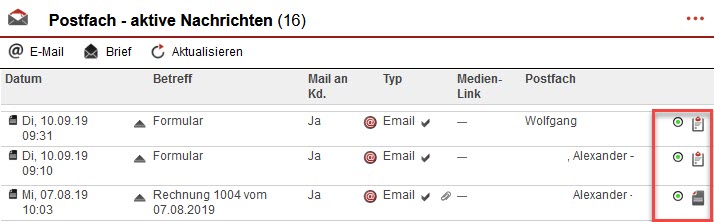 Screenshot einer Postfachübersicht mit markierten Zugehörigkeits-Icons
