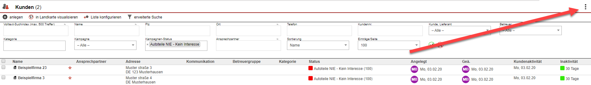 Screenshot Kundensuchmaske mit Markierung des Dreipunktemenüs