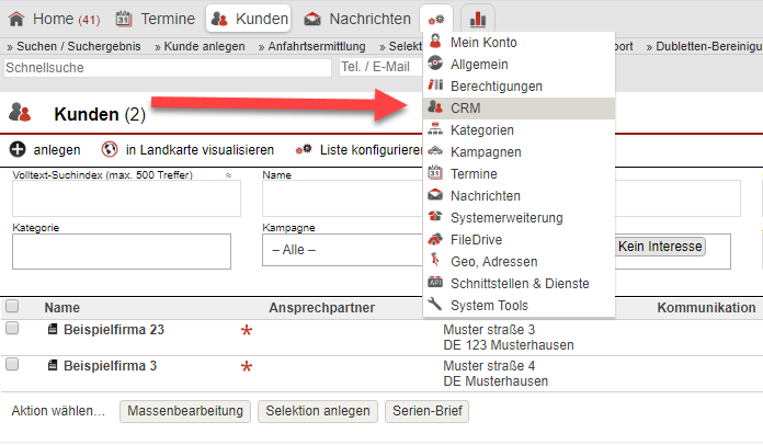 Screenshot des Einstellungsmenüs mit markiertem Punkt "CRM"