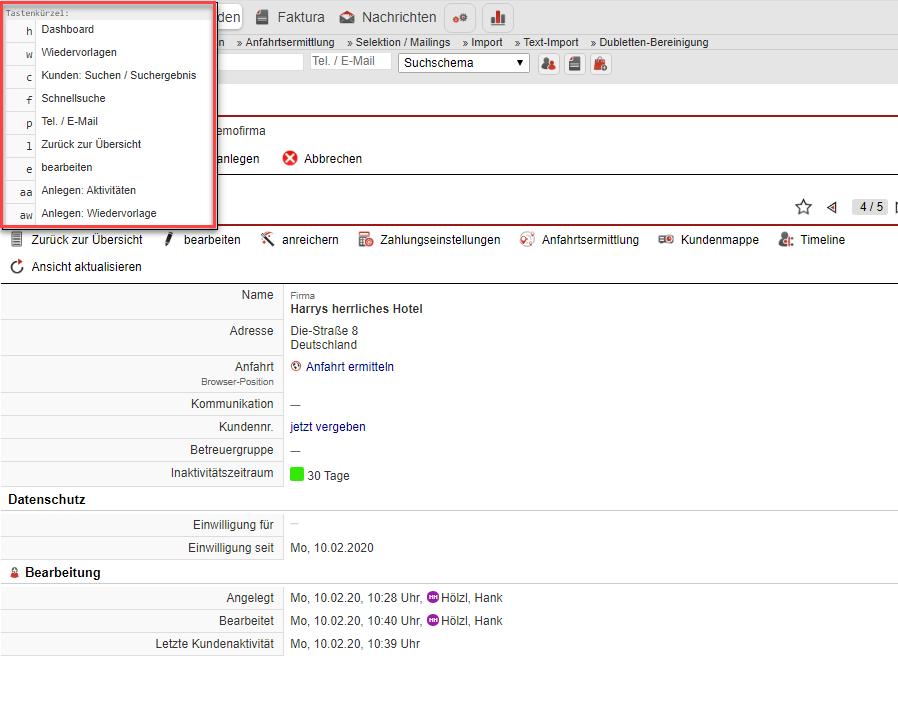 Screenshot weitere Tasten-Shortcuts