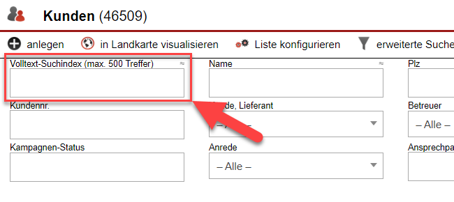 Screenshot Kundensuchmaske mit markiertem Feld Volltextsuche