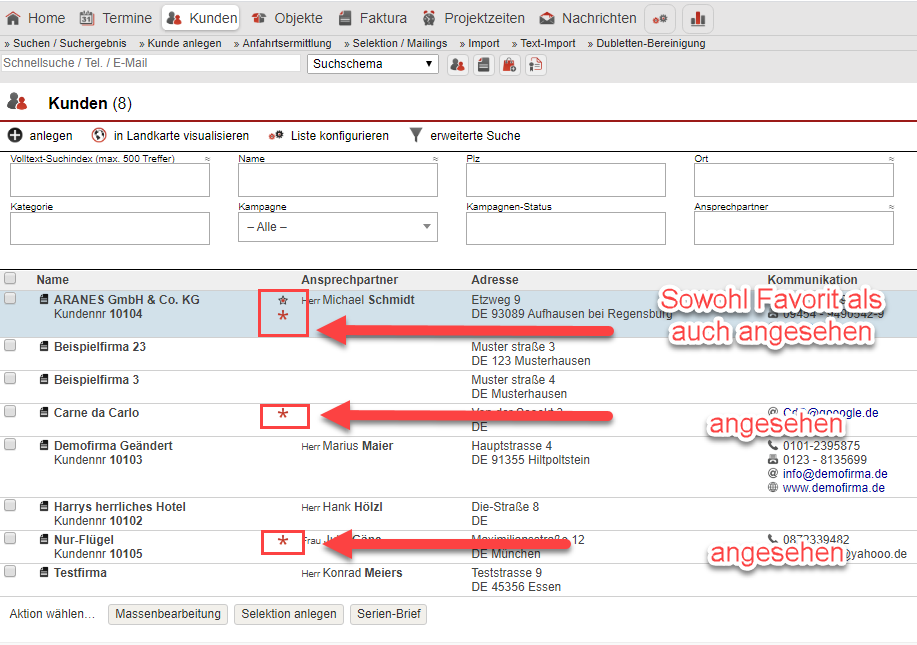 Screenshot Kundensuchmaske mit markierten Stern-Anzeigen