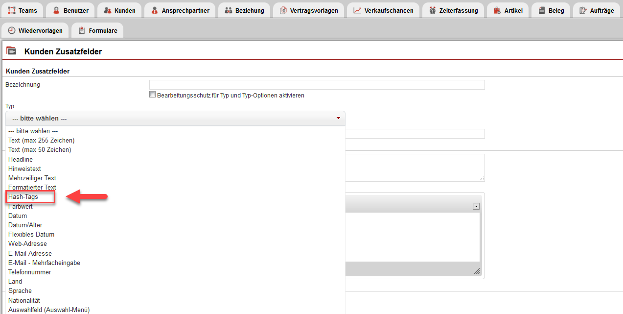 Screenshot: Anlage der Hashtags