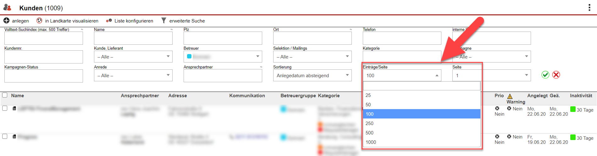 Screenshot Kundensuchmaske mit Markierung