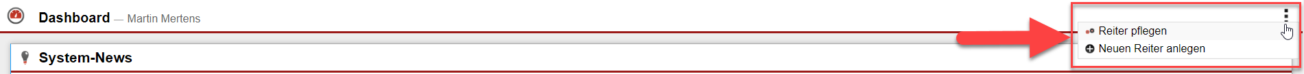 Screenshot des Inhalts des Dreipunkte-Menüs im Dashboard