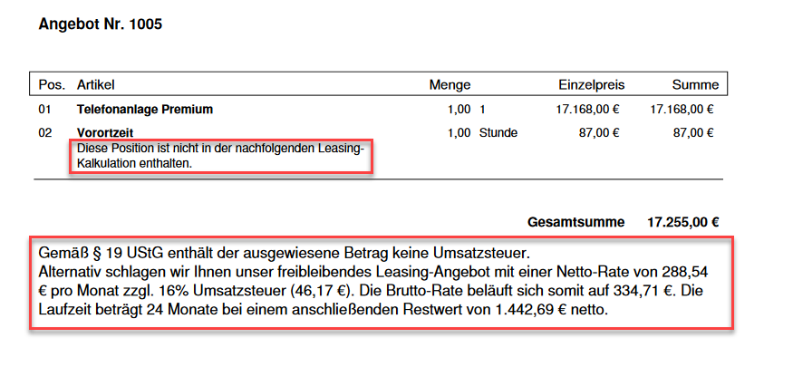 Screenshot: Angebot mit Leasing