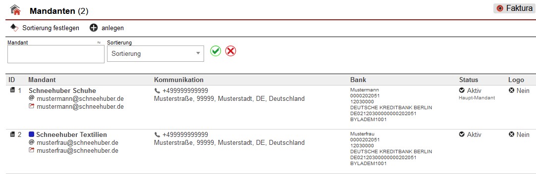 Screenshot geöffnete Übersicht der vorhandenen Mandanten innerhalb der Faktura-Einstellungen