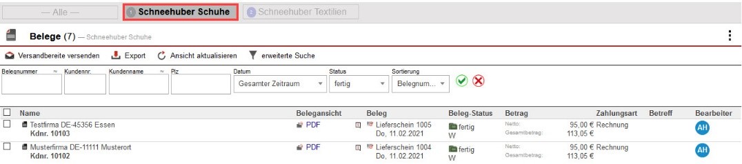 Screenshot Belegübersicht mit markierter Option, sich nur die Belege eines Mandanten anzeigen zu lassen