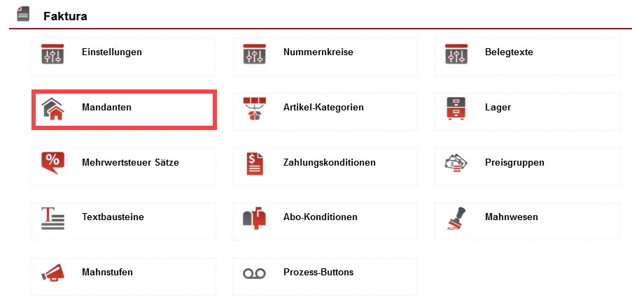 Screenshot geöffneter Faktura-Einstellungsbereich mit markierter Option „Mandanten“