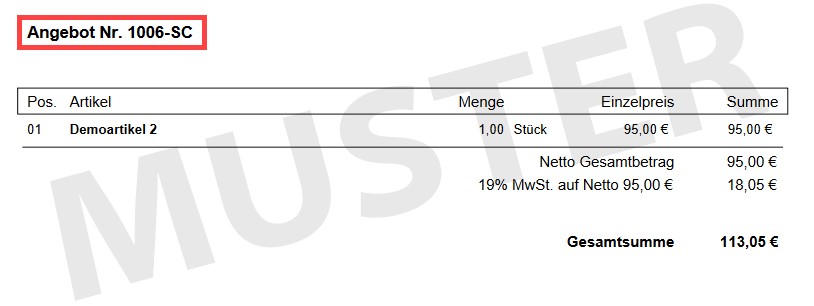 Screenshot geöffnetes Angebot mit markierter Belegnummer