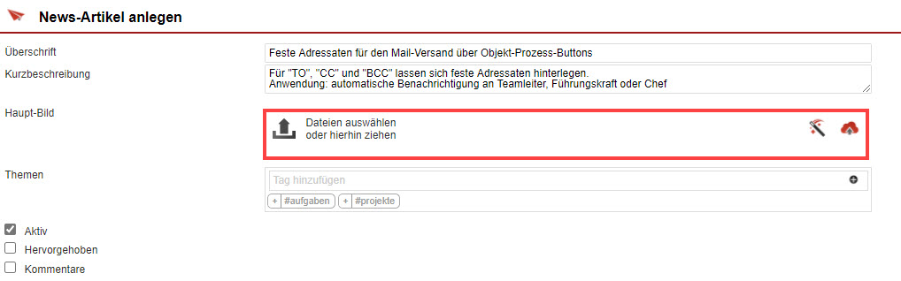 Screenshot geöffnete Aktivität mit markiertem Upload-Bereich