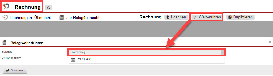Screenshot geöffnete Rechnung mit markierten Optionen im Bereich „Beleg weiterführen“