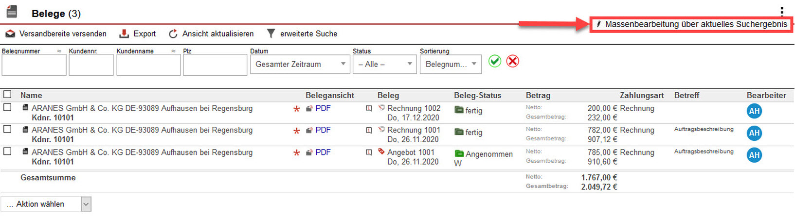 Screenshot Belegliste mit markierter Option „Massenbearbeitung über aktuelles Suchergebnis“