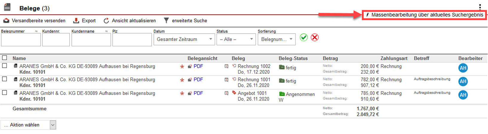 Screenshot Belegliste mit markierter Option „Massenbearbeitung über aktuelles Suchergebnis“