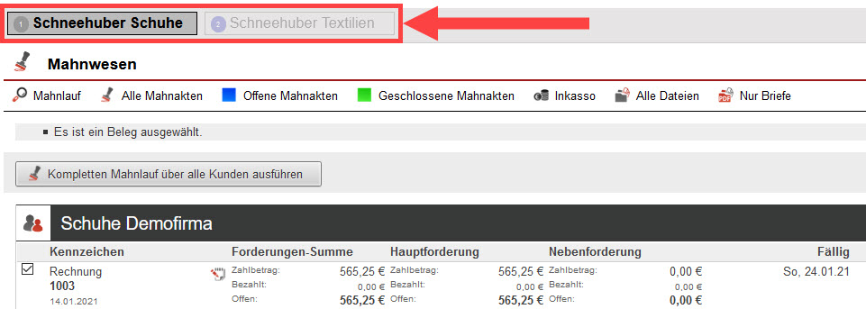 Screenshot geöffnetes Mahnwesen mit markiertem Auswahlbereich der Mandanten