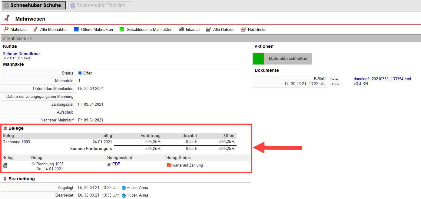 Screenshot geöffnete Mahnakte mit markierter Belegübersicht
