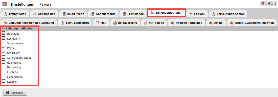 Screenshot geöffneter Einstellungsbereich „Faktura“ mit markiertem Reiter „Zahlungsmethoden“