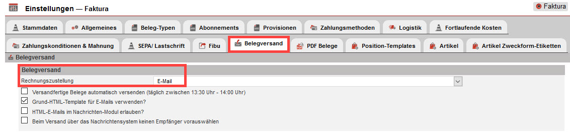 Screenshot geöffneter Einstellungsbereich „Faktura“ mit markiertem Reiter „Belegversand“ und der Auswahl der Rechnungszustellungsart