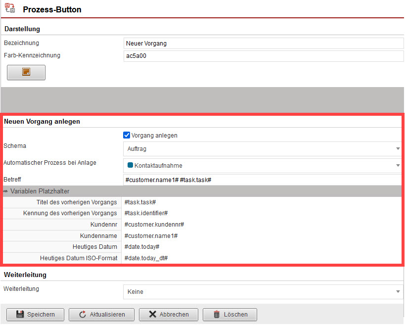 Screenshot geöffneter Einstellungsbereich zur Anlage eines Prozess-Buttons