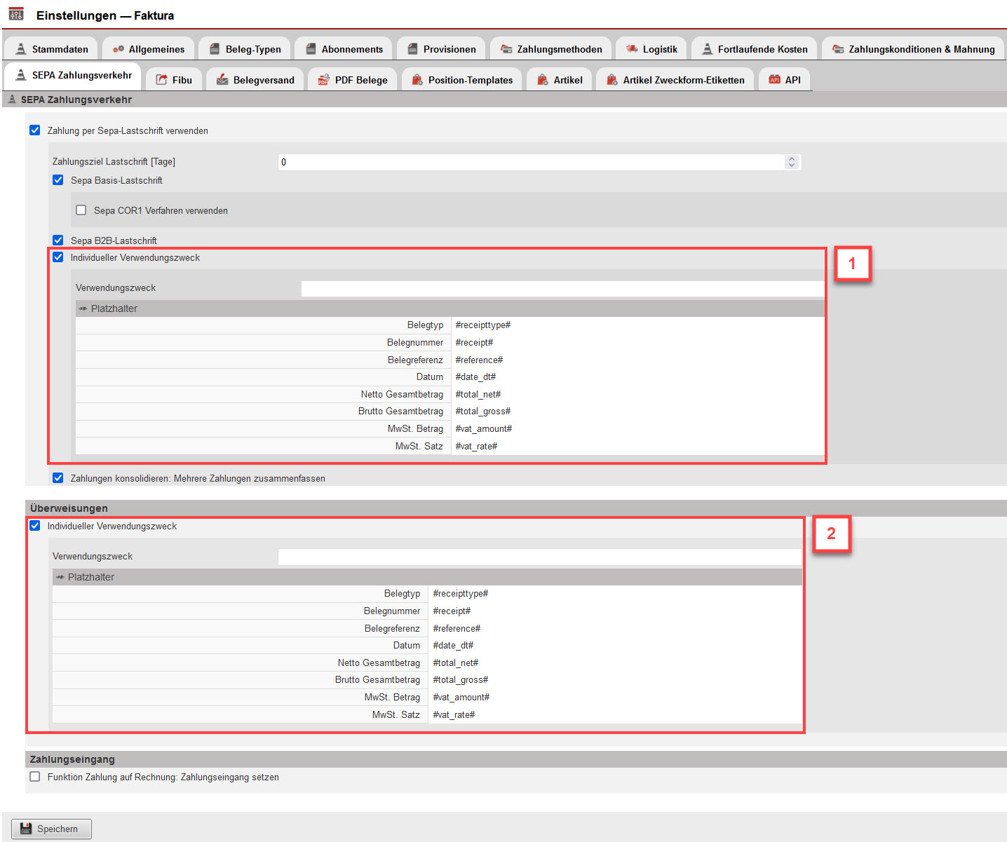 Screenshot geöffneter Reiter "SEPA Zahlungsverkehr" in den Einstellungen des Bereichs "Faktura" mit markierten Optionen zur Nutzung des individuellen Verwendungszweckes