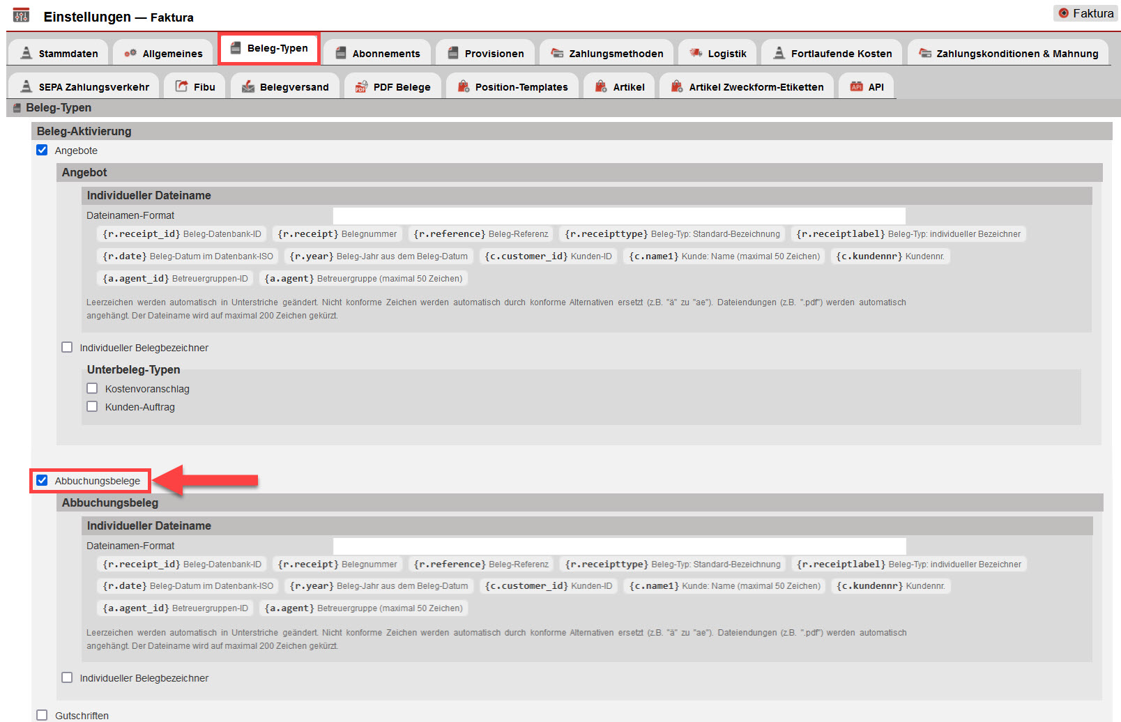 Screenshot geöffneter Reiter "Beleg-Typen" in den Einstellungen des Bereichs Faktura mit markiertem Beleg-Typ "Abbuchungsbelege"