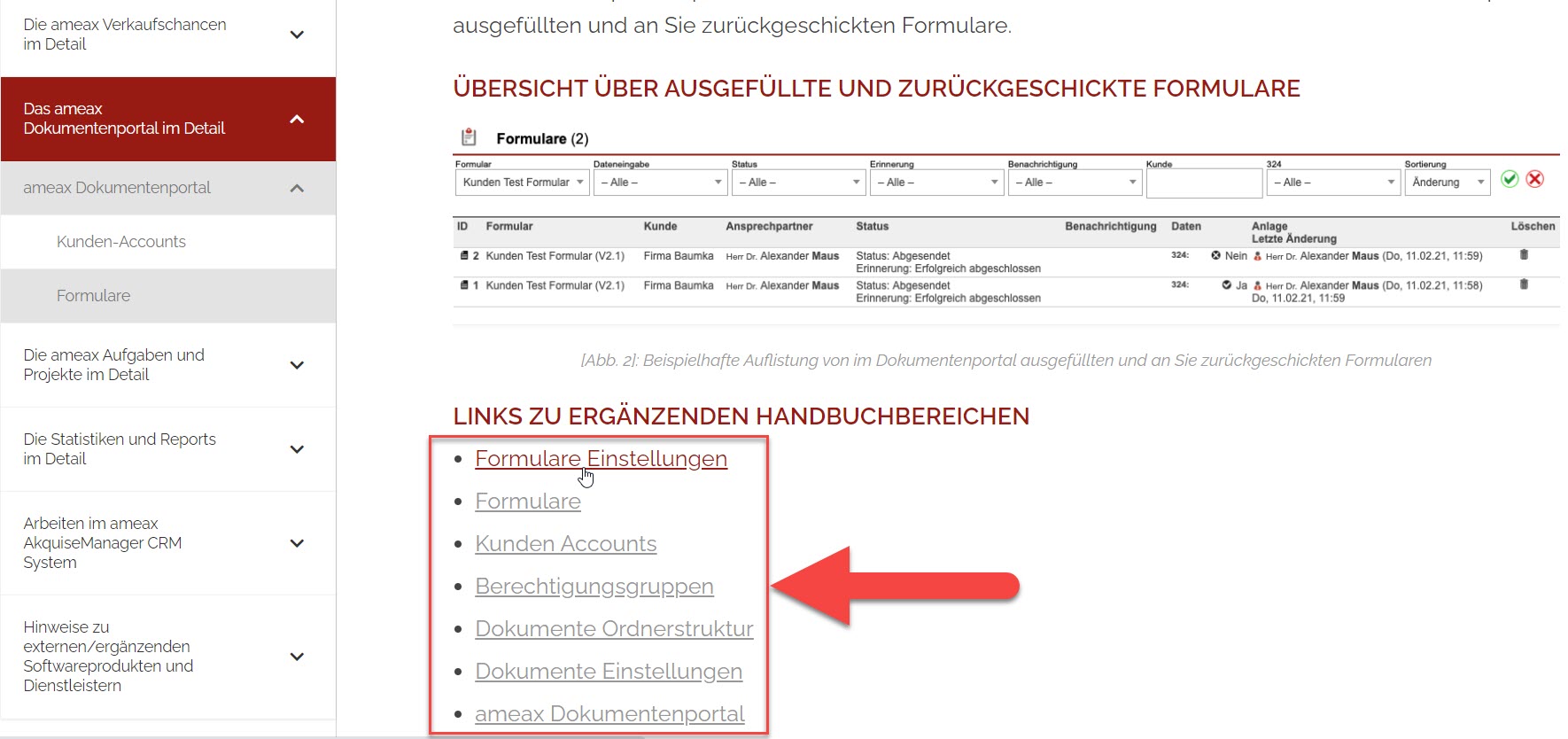 Screenshot eines Eintrags des Handbuchs der ameax Unternehmenssoftware mit Markierung von Verlinkungen