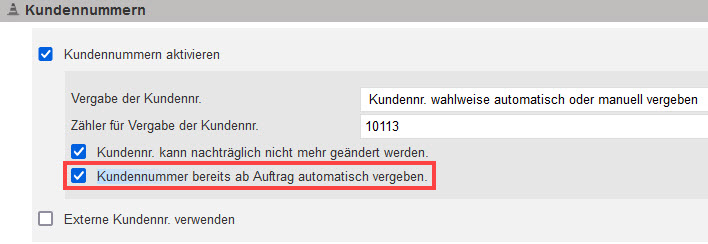 Screenshot geöffneter Einstellungsbereich mit markierter Option zur automatischen Vergabe der Kundennummer ab Auftrag