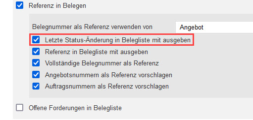 Screenshot geöffneter Einstellungsbereich "Faktura" mit markierter Option "Letzte Status-Änderung in Belegliste mit ausgeben"