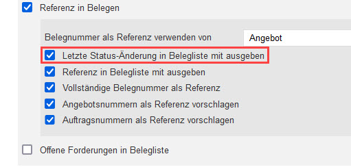 Screenshot geöffneter Einstellungsbereich "Faktura" mit markierter Option "Letzte Status-Änderung in Belegliste mit ausgeben"