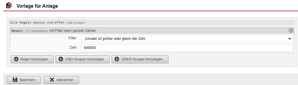 Screenshot einer ausgefüllten Filter-Vorlage