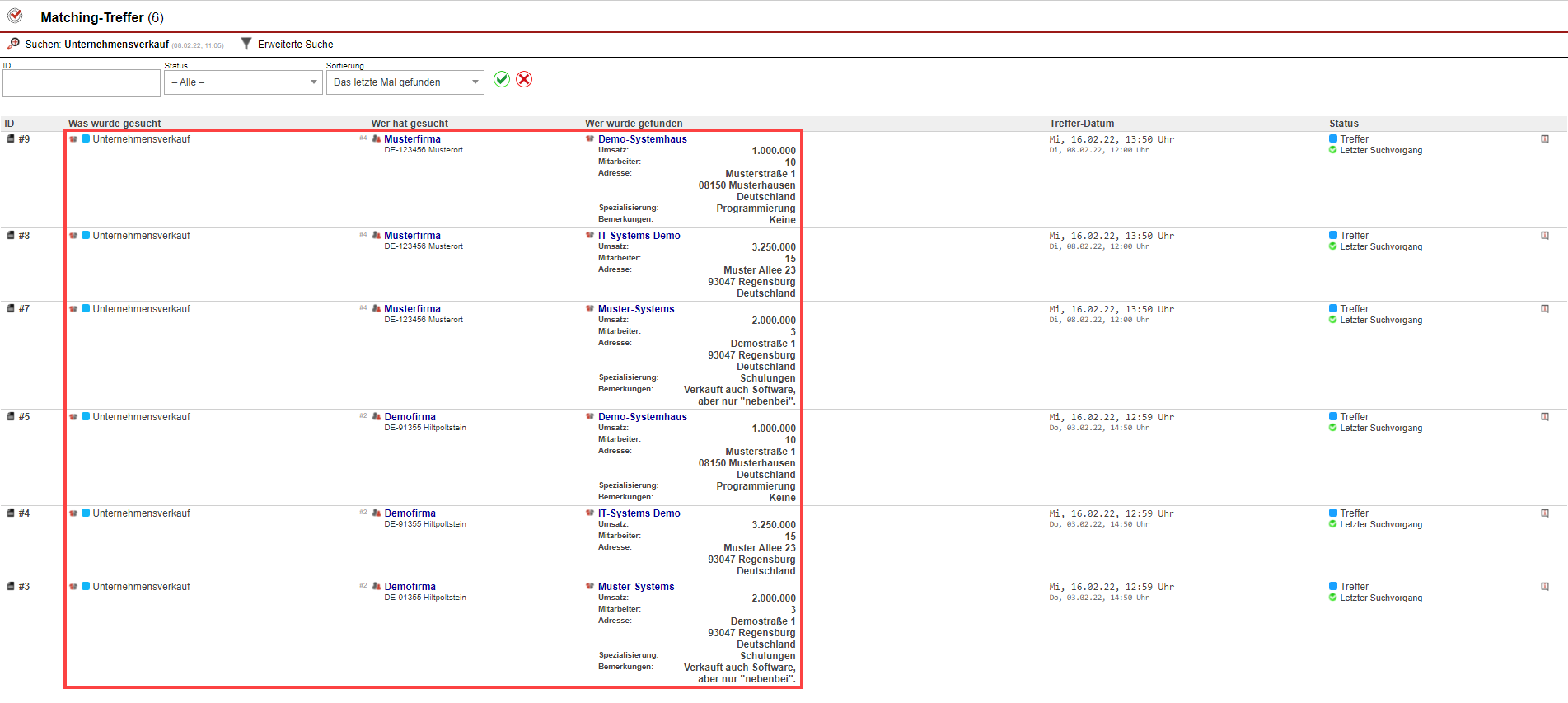 Screenshot des Bereichs "Matching-Treffer" mit markierten Treffern