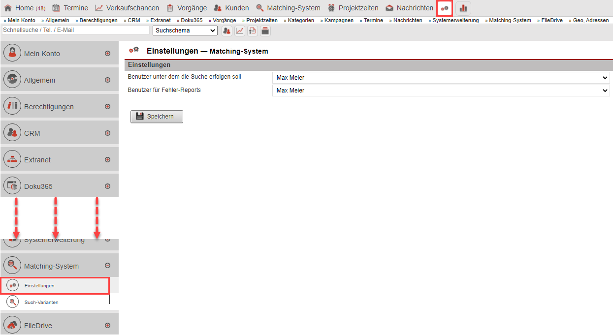 Screenshot Untermenüpunkt "Einstellungen" des Einstellungsbereichs "Matching-System"