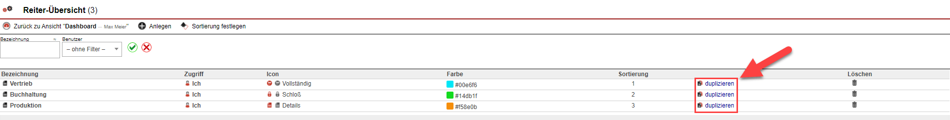 Screenshot aus "Reiter-Übersicht" mit Markierung der Button "Duplizieren"