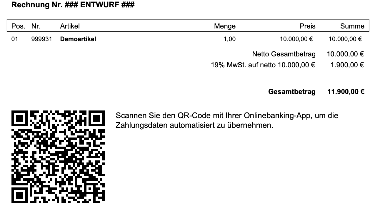 Beispielrechnung mit einem aufgedruckten QR-Code zum Bezahlen der Rechnung