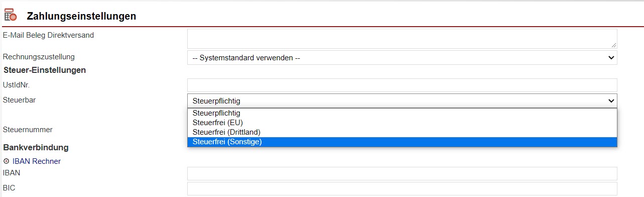 Screenshot der Zahlungseinstellungen in der ameax Faktura