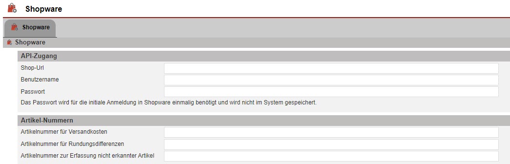 Screenshot der Einrichtung der Schnittstelle von Shopware