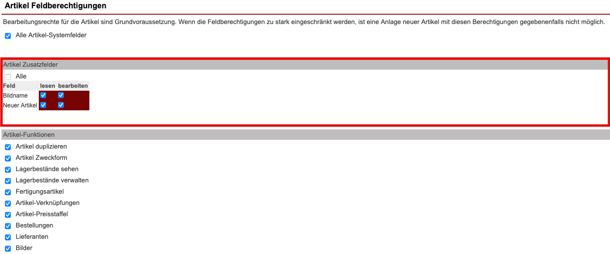Screenshot der Zugriffsrechte für Zusatzfelder mit markiertem Feld