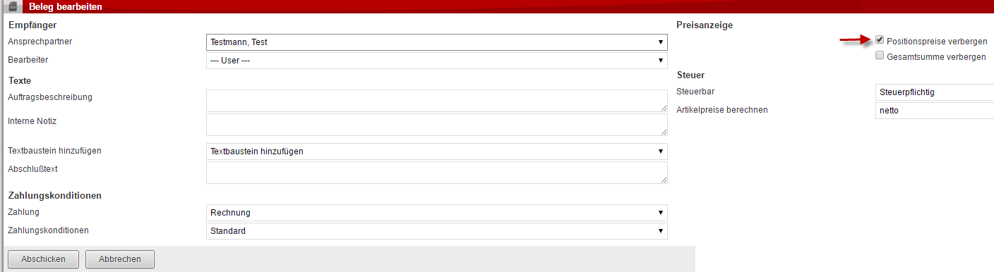 Hier können Sie jetzt die Ein- oder Ausblendung der Positionspreise beim Schreiben des Angebots einstellen