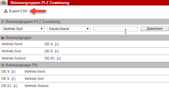 Klicken Sie auf "Export CSV" um eine Datei mit den Gebietsaufteilungen Ihrer Kundenbetreuer zu erhalten