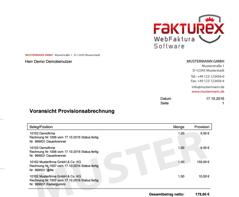 Ausgabe der Provisionsabrechnung nach abgerechneten Positionen