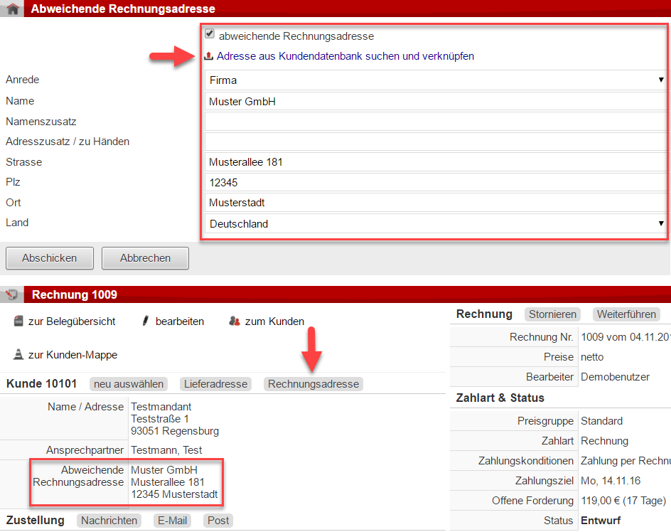 Screenshot Beleghauptansicht mit Rahmen um Eingabefeld "Abweichende Adresse", Pfeil auf Option "Adresse aus Kundendatenbank suchen", Pfeil auf Schaltfläche "Rechnungsadresse" und Rahmen um Ausgabeansicht der geänderten Rechnungsadresse.